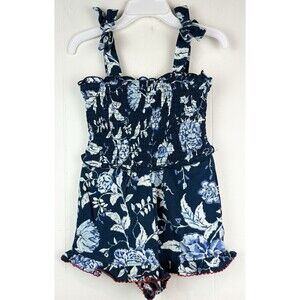Matilda Jane Floral Romper Smocked Ruffle Trim Sleeveless Blue White Girls 4, 4T